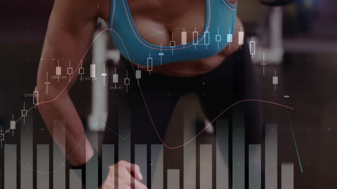Female athlete reaching for dumbbell then pulling on bench while financial charts tracking strength
