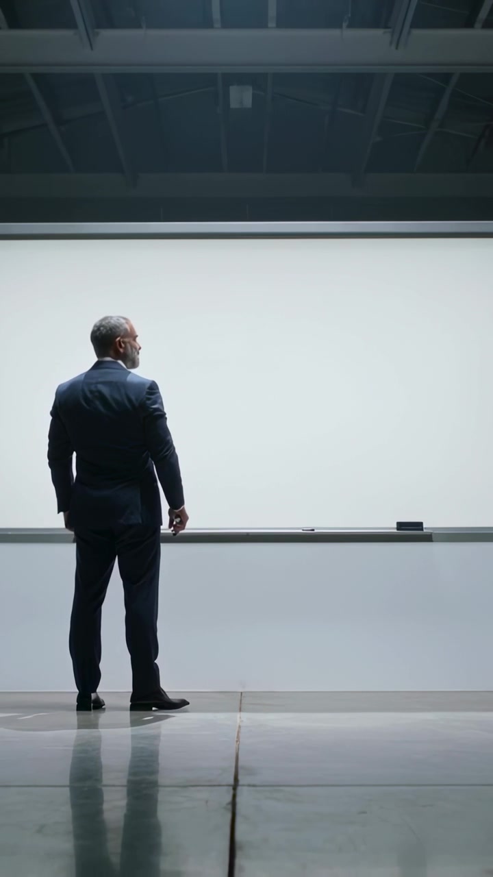 Video verticale: Uomo in abito scuro che si prepara, camminando verso una lavagna in ufficio con un pennarello, con spazio per il testo.