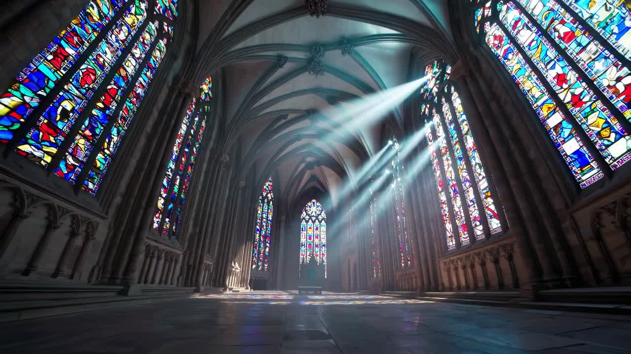 A wide-angle video captures the grandeur of a cathedral interior, showcasing vibrant stained glass