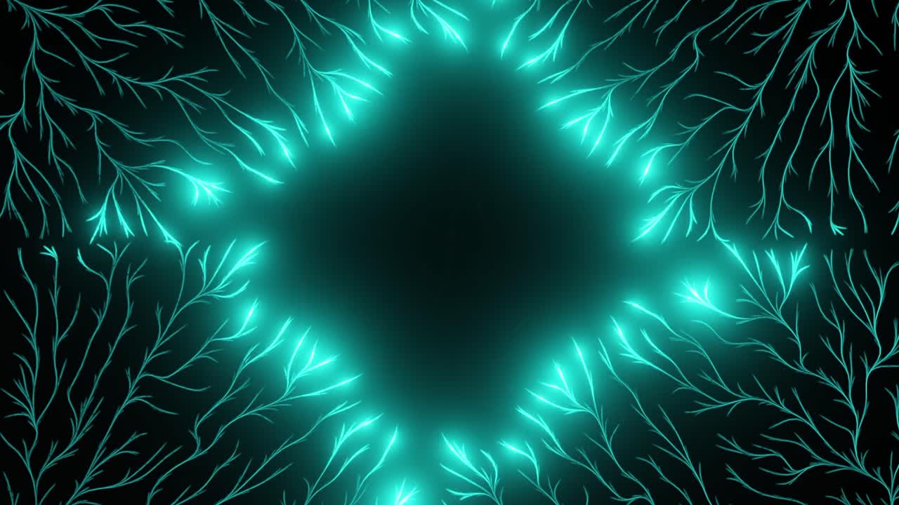 Glowing blue neural branch pattern radiating symmetrically from dark center. Abstract energy flow, digital connectivity and futuristic network concept.Fractal-style illustration with copy space