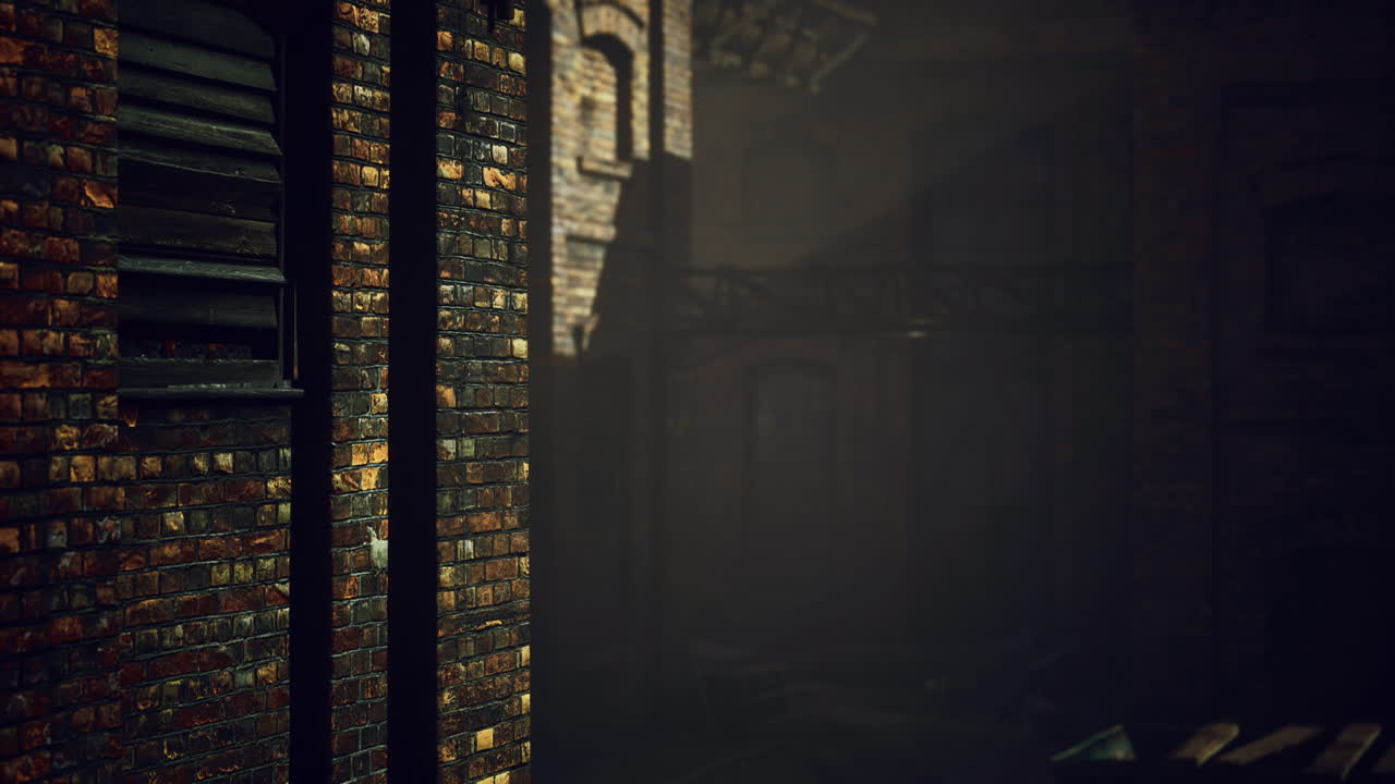 Textured brick walls in a dim urban setting at twilight