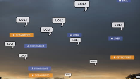 animación del texto de las redes sociales en pancartas con burbujas de habla sobre el cielo en el fondo