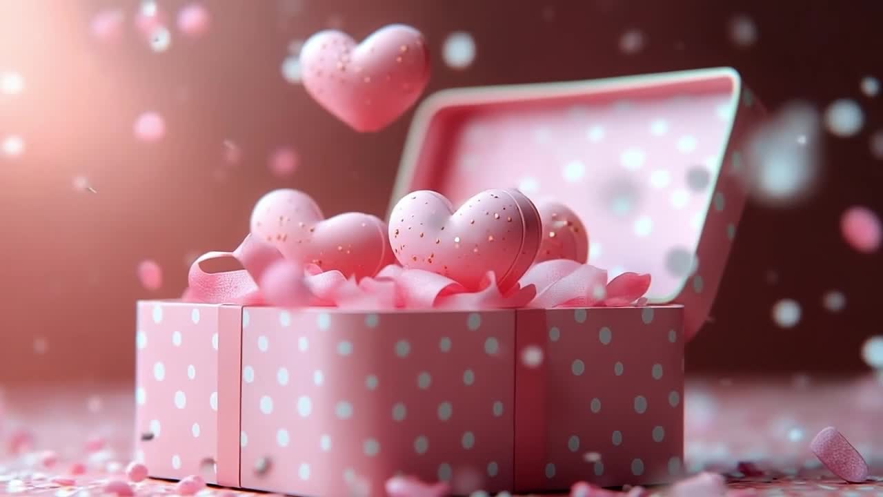 Gift box filled with heart decorations. A pink gift box adorned with polka dots displays heart-shaped decorations and soft, pink ribbon.