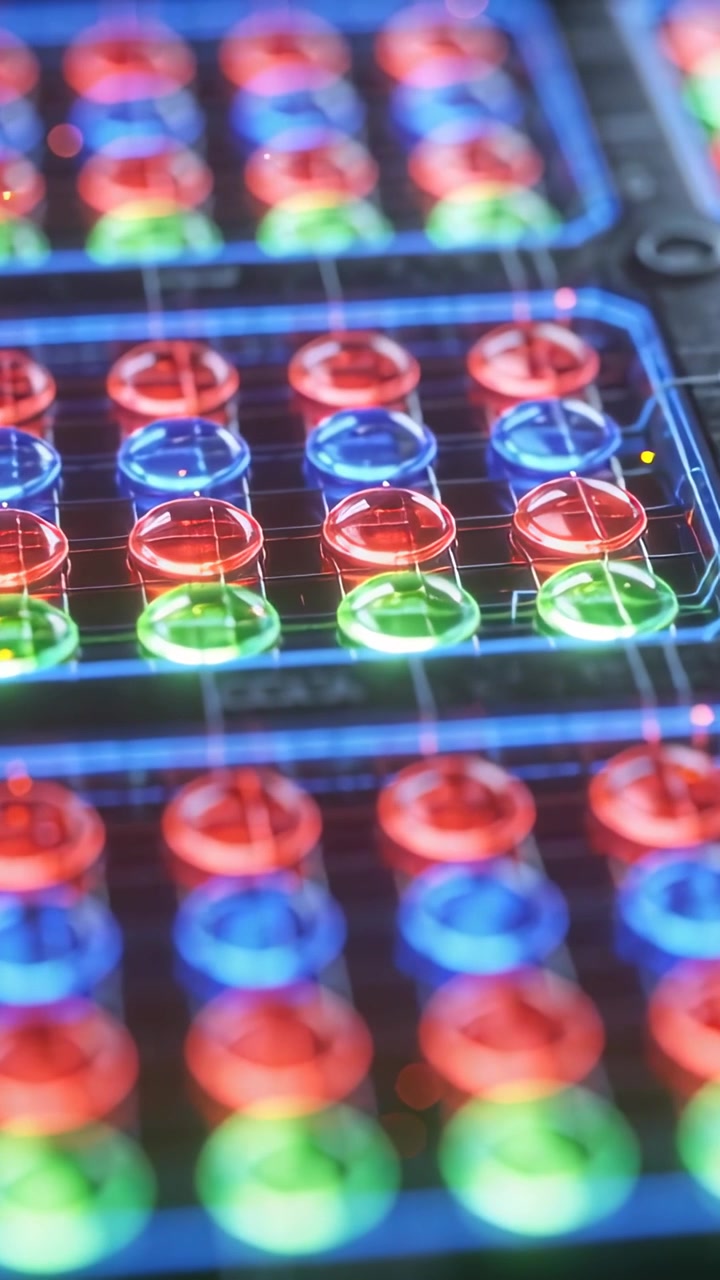 Video verticale: Telecamera scorrevole che scansiona in primo piano un banco da studio, rivelando cupole e tracce RGB