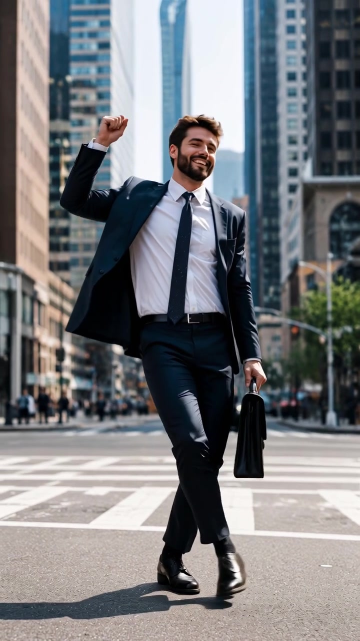 Empresario caucásico bailando al cruzar un paso de cebra, maletín balanceándose, rostro sonriente, traje y corbata, centro de la ciudad.