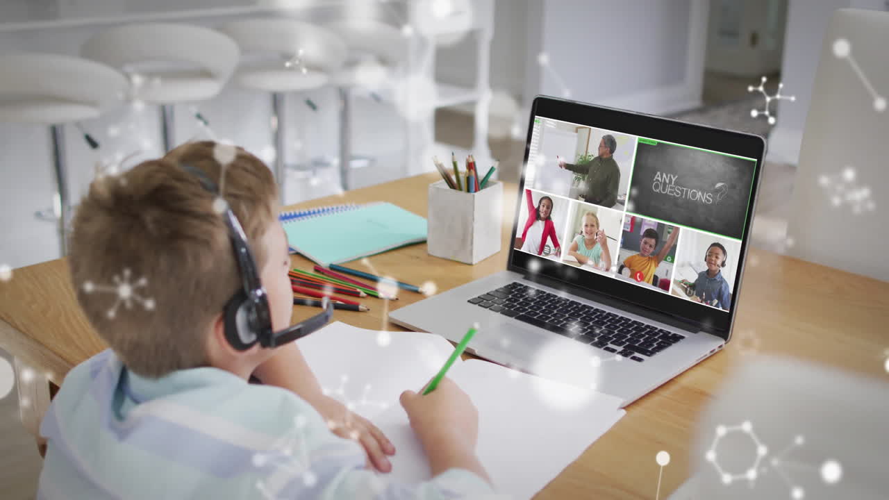 Child wearing headset attending online class with molecular animation overlay