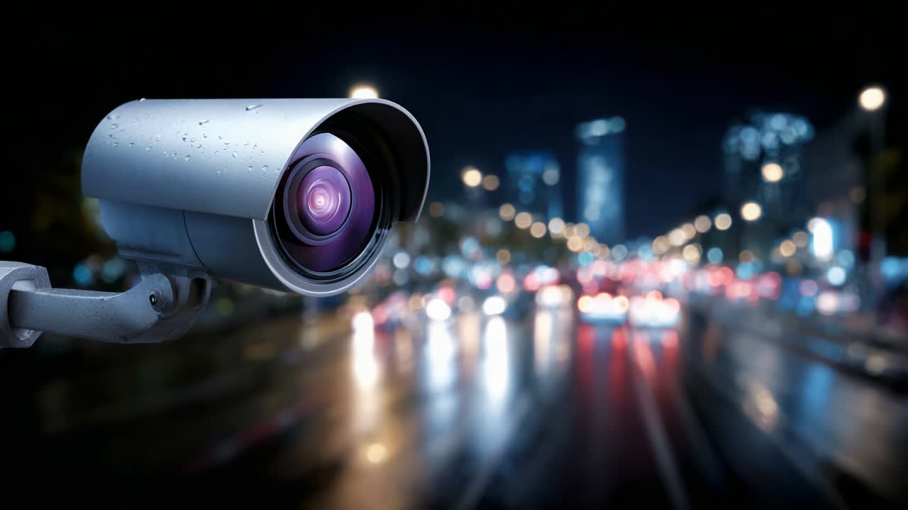 A Close-Up View of a Surveillance Camera Overlooking a Busy Urban Street at Night, Capturing the Blurry Lights and Movement of Vehicles in the Background, Highlighting Security and Monitoring Technology