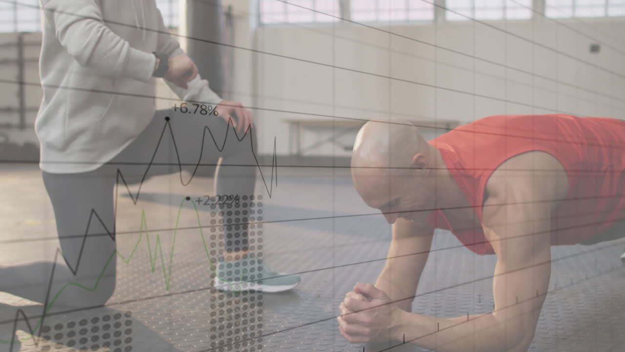 male client holding forearm plank in fitness gym, with animated graphs showing fitness metrics