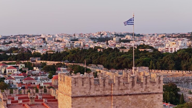 Cityscape with Greek Flag and Ancient Architecture