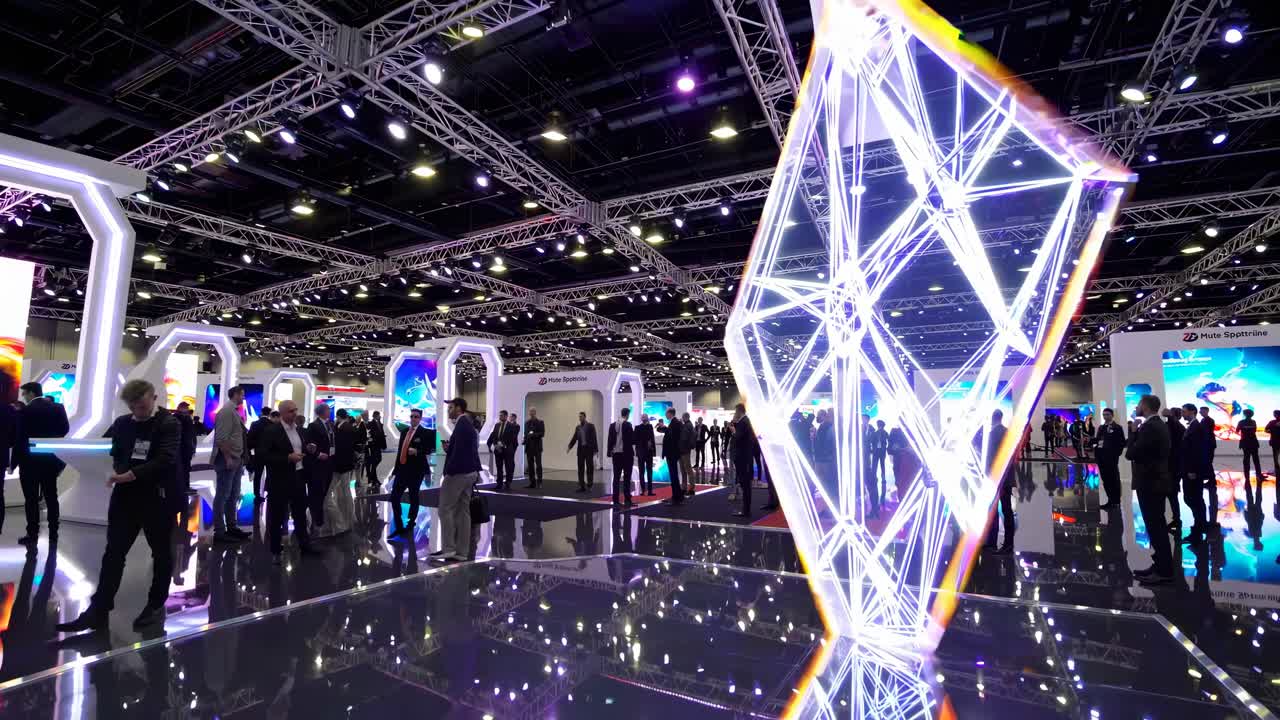 Wide-angle shot of a tech expo with futuristic lighting and displays