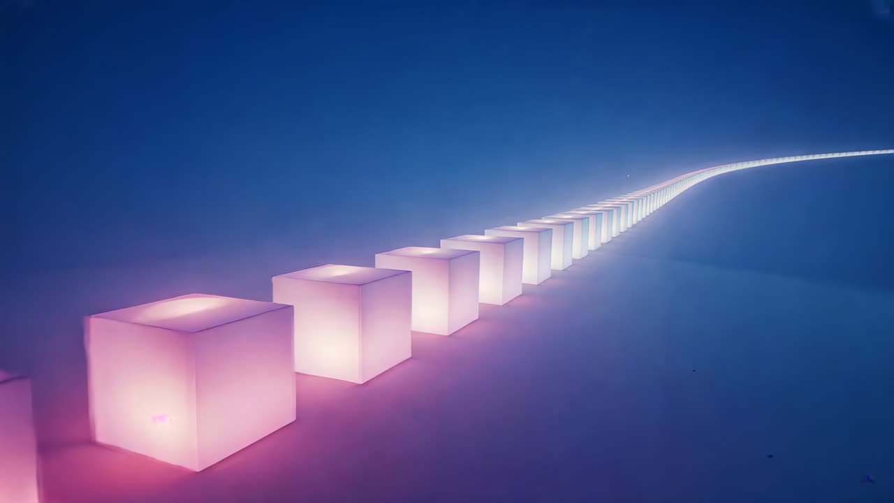 Shifting camera tracking glowing cubes receding on plain surface under blue-purple sky