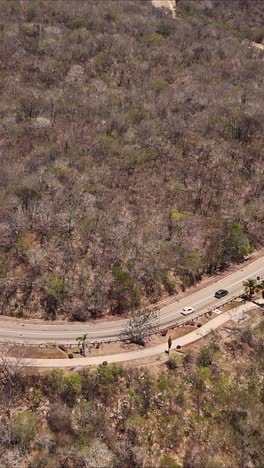 Straight-down-aerial-shot-of-cars-traveling-on-roads-of-Huatulco-National-Park