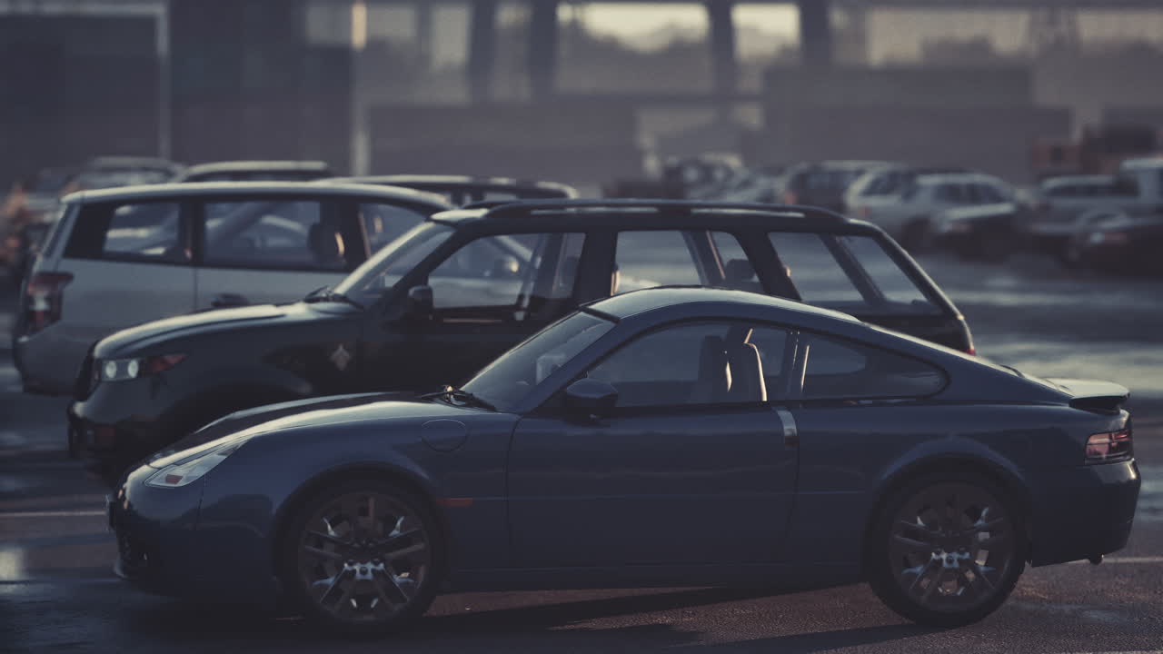 Dark sports car parked near an urban setting during a late afternoon light