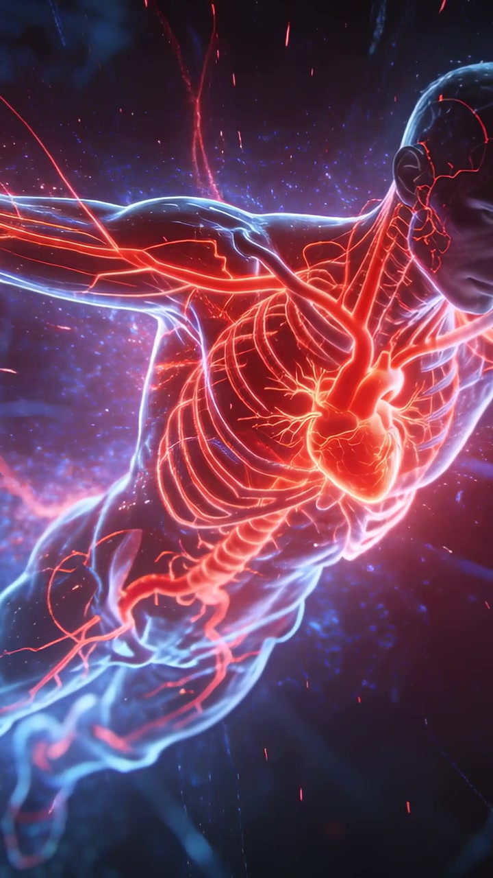 Vertical video: Pulsing heart driving anatomy rotating forward in dark lab, showing circulation