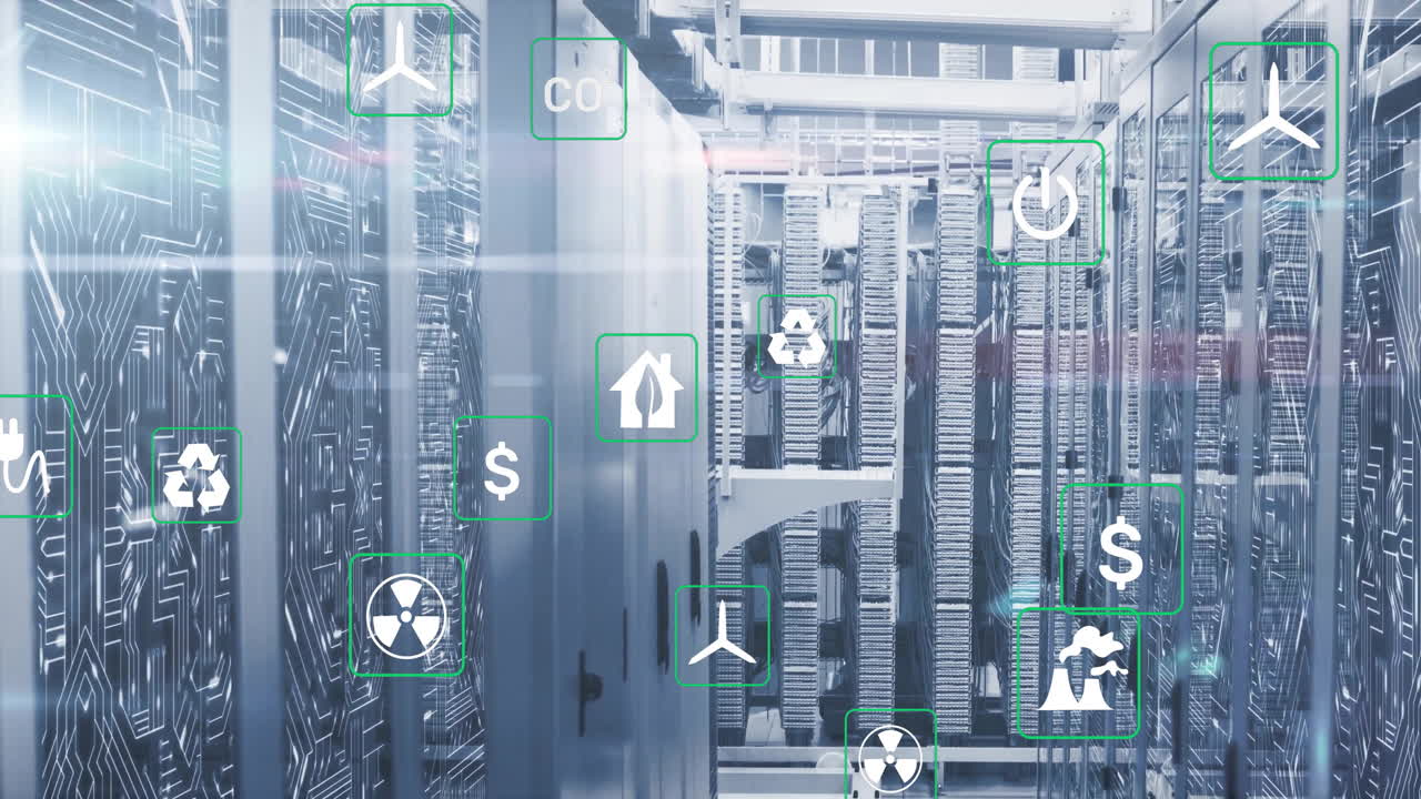 animación de iconos ecológicos y procesamiento de datos digitales a través de servidores informáticos