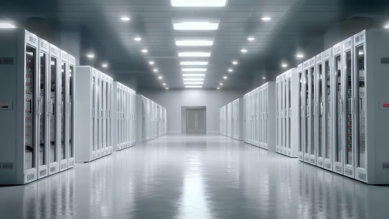 A Futuristic Data Center: Streamlined Server Racks Create an Efficient and Spacious Environment for High-Tech Operations and Optimal Performance