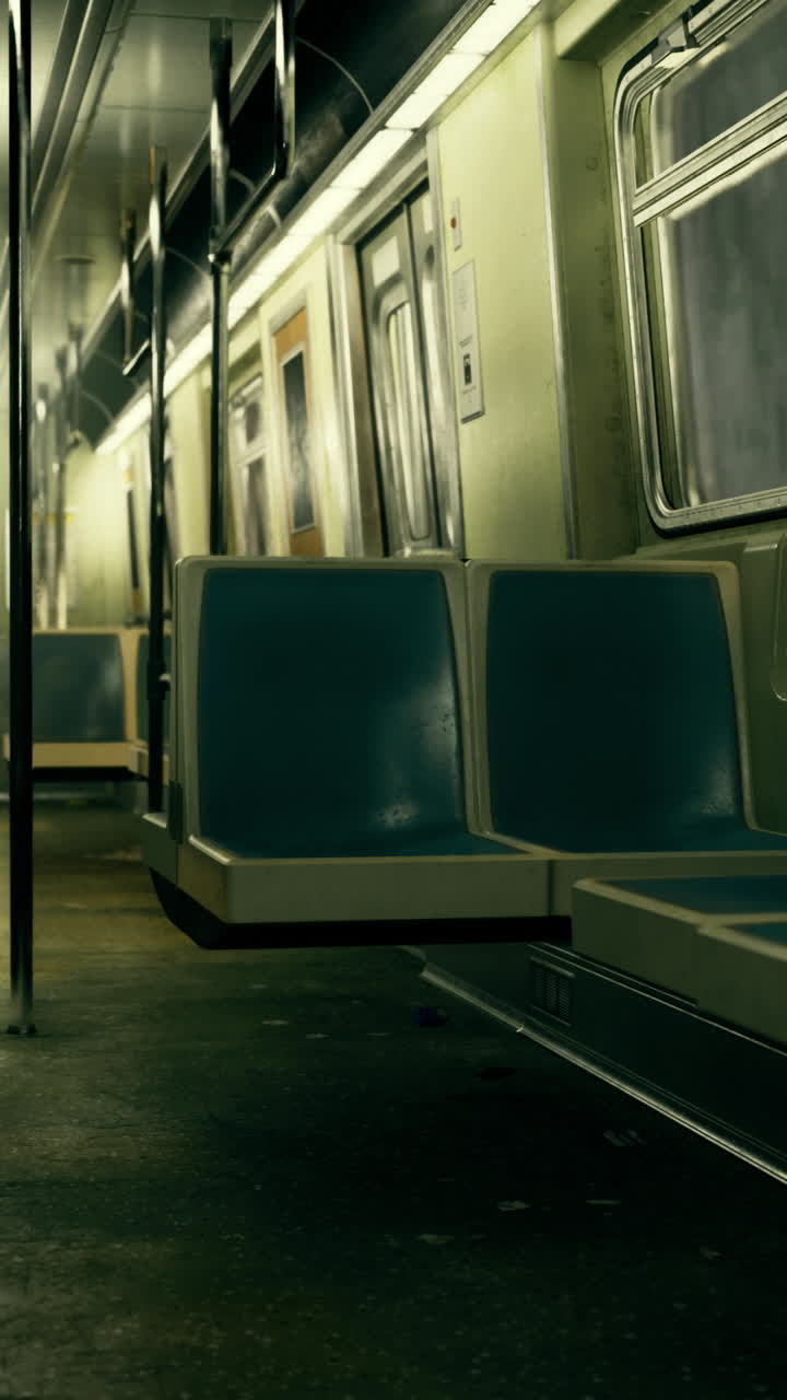 Interni di un vagone della metropolitana vuoto di notte in una città