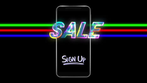 animation of words sale and sign up flickering on screen of a smartphone on black background