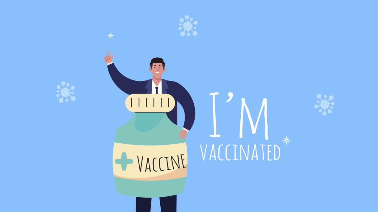 i am vaccinated lettering with man lifting vaccine vial
