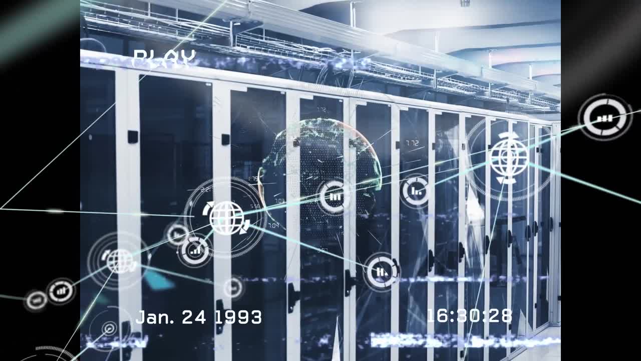 animación de reproducción de video con iconos de globo y gráfico conectados sobre la sala del servidor