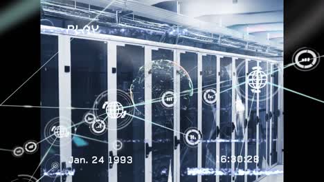 Animation-Der-Videowiedergabe-Mit-Verbundenen-Globus--Und-Diagrammsymbolen-über-Dem-Serverraum