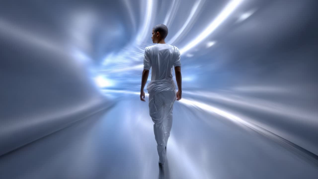 Una figura cammina attraverso un tunnel surreale e luminoso che emana luce ed energia, simboleggiando un viaggio nell'ignoto con un senso di esplorazione e scoperta.