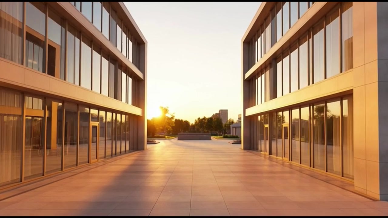 Edifícios de Escritórios Modernos ao Pôr do Sol com Pátio Pavimentado
