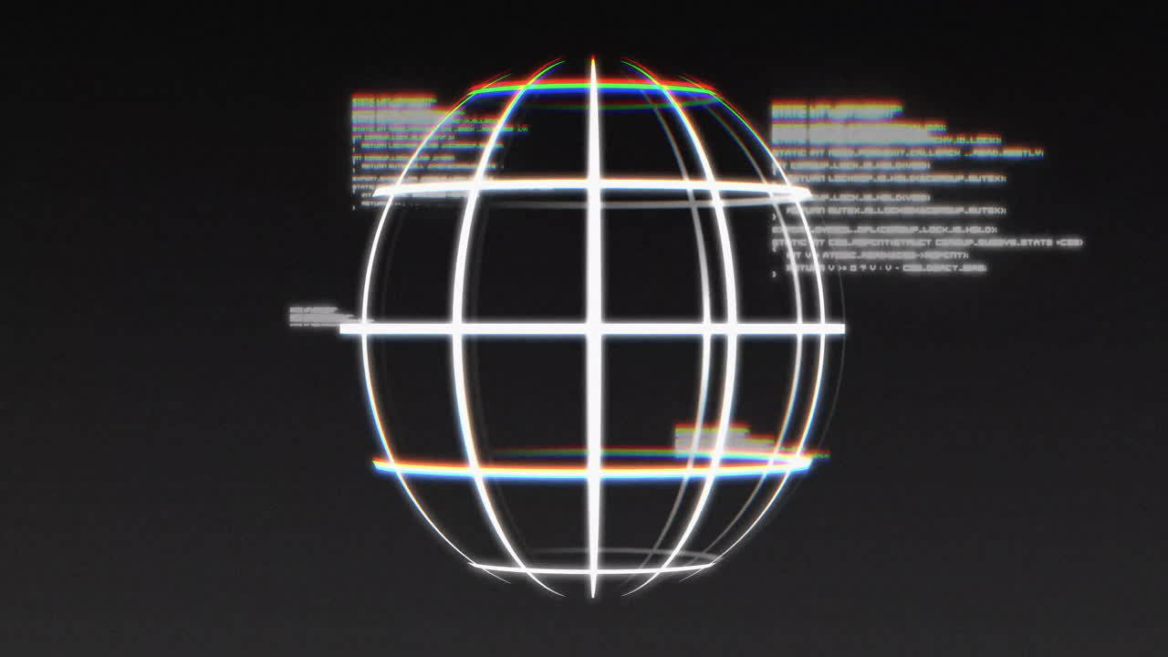 Glowing wireframe globe with digital data processing animation on dark background