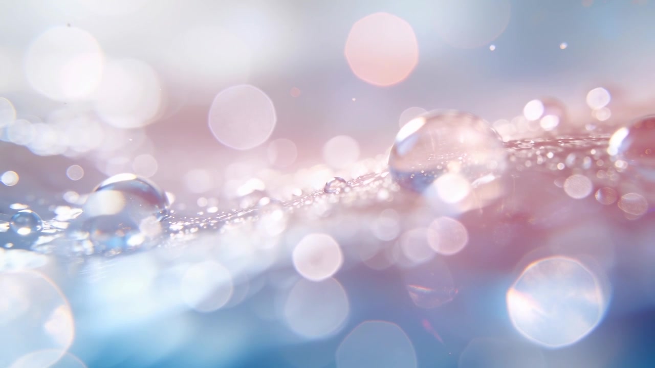 レンズがピントを合わせ、質感のある隆起にきらめく水滴の連なりとパステルボケ。
