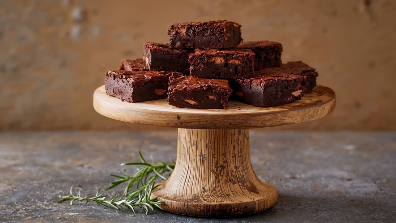 Stand üzerindeki çikolatalı brownie yığınının üzerine doğru zum yapan kamera, biberiyeli parlak üst kısımları gösteriyor