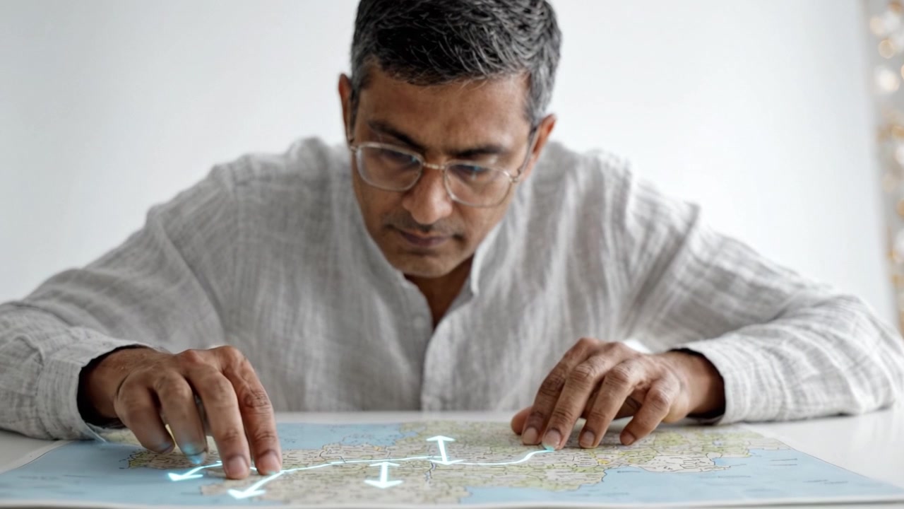 Individual Analyzing Map with Precision, Utilizing Tools to Trace Routes and Landmarks in an Engaging Exploration of Geographical Details