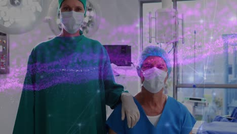 Animation-of-data-processing-over-caucasian-surgeons-with-face-masks