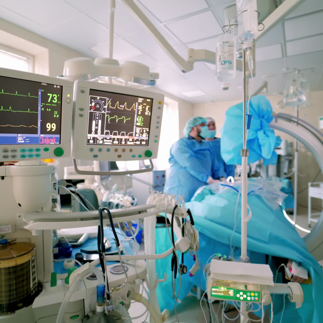 Schermo medico che visualizza i parametri cardiaci. Un gruppo di medici sta eseguendo un'operazione sullo sfondo. Display con i parametri vitali durante l'intervento chirurgico.