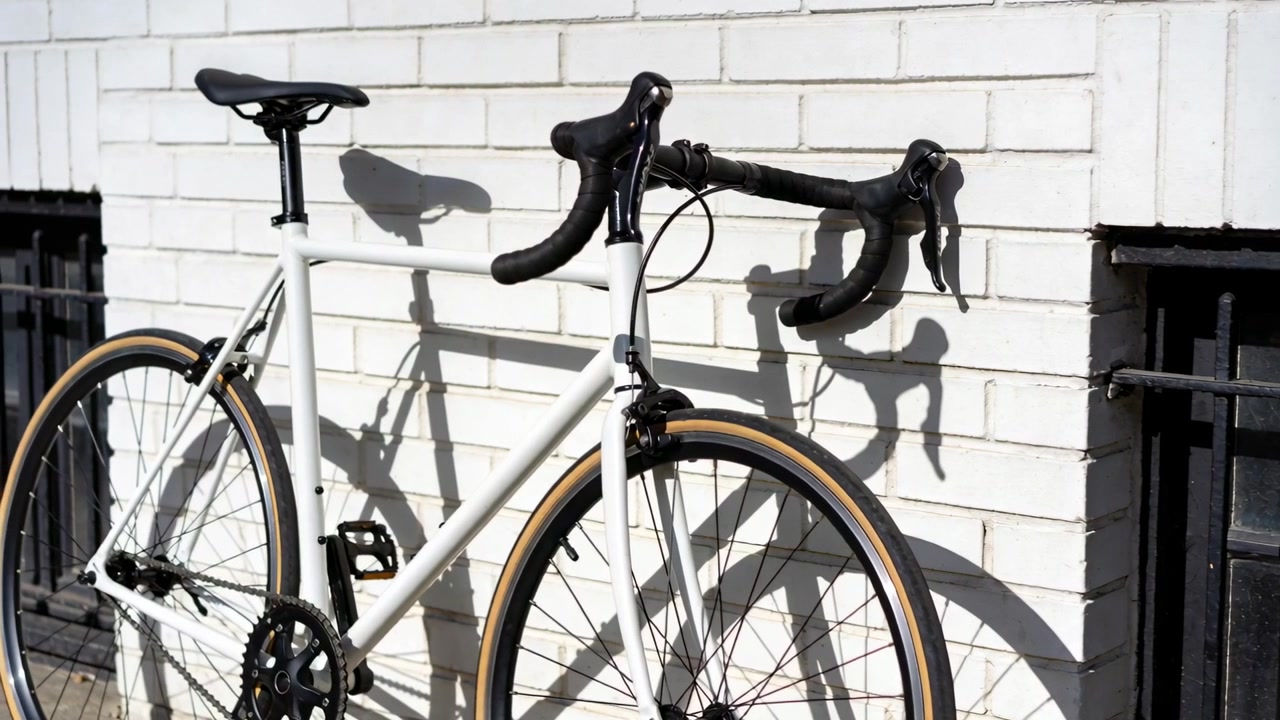 カメラが右にパンし、レンガの壁を背景にした白いロードバイクが現れる。ハンドルバーと影が見える。