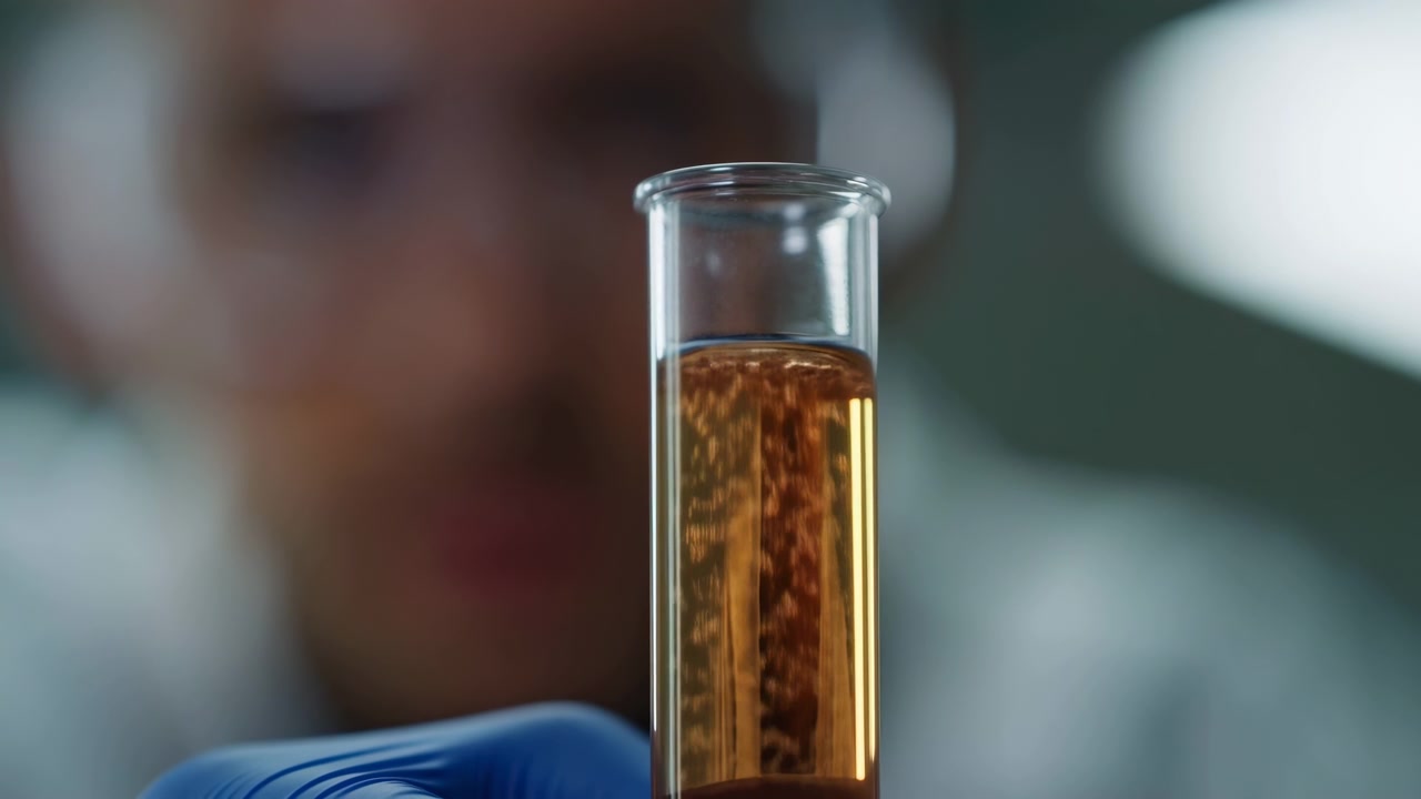 Vista ravvicinata dal basso in laboratorio di una provetta di vetro trasparente tenuta verticalmente da un guanto in nitrile blu mentre uno scienziato con occhiali di sicurezza ispeziona un liquido marrone ambrato, menisco chiaro e sterile
