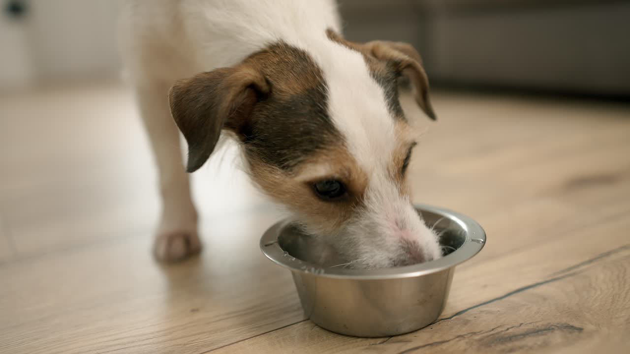 el gracioso jack russell terrier bebiendo agua del cuenco en casa