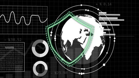 cybersecurity shield animation over digital globe with data charts and graphs