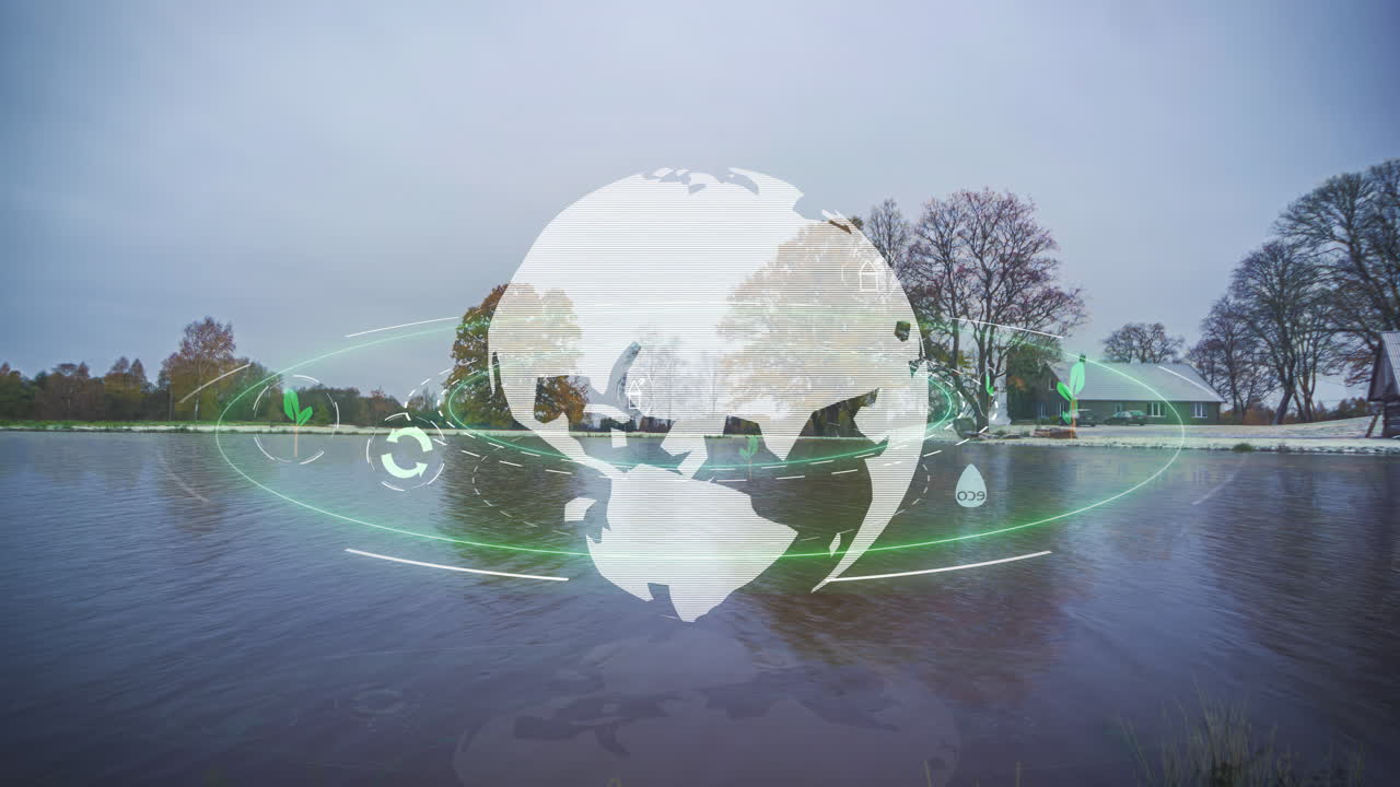 amanecer, puesta de sol todas las estaciones lapso de tiempo de una cabaña por un lago y un gráfico de tierra verde giratorio