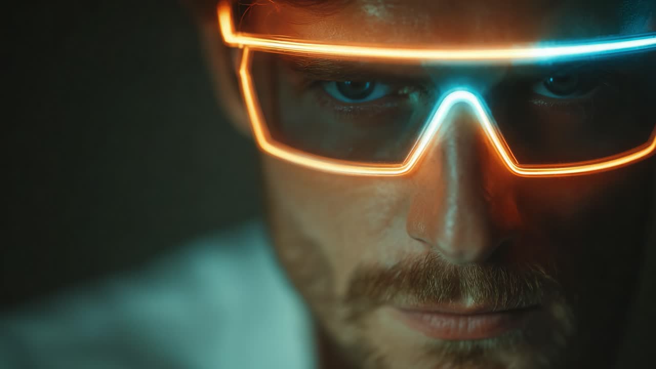 A striking close-up of a man wearing futuristic glowing glasses, showcasing the sharp contrast between the vibrant neon lights and his intense gaze, evoking a sense of intrigue and modernity