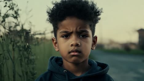 close-up portrait of a young boy with a serious expression