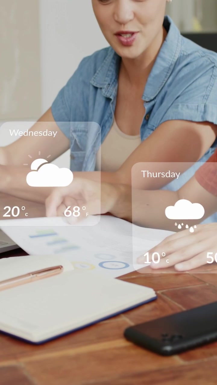 Vertical video: Woman leaning, holding sheet, causing weather UI cards appearing over business data
