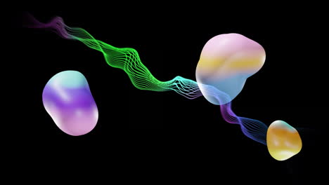 Animation of blobs and abstract shapes moving over waving mesh on black background