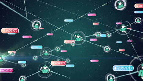 data processing animation with network connections over diverse avatars and numbers