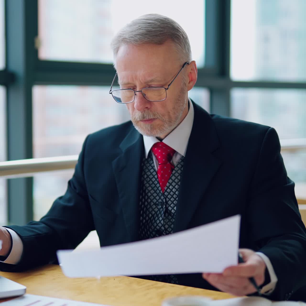 Portrait of senior businessman in formal costume. Mature man sitting at the table in front of laptop and working with papers in office near the window.