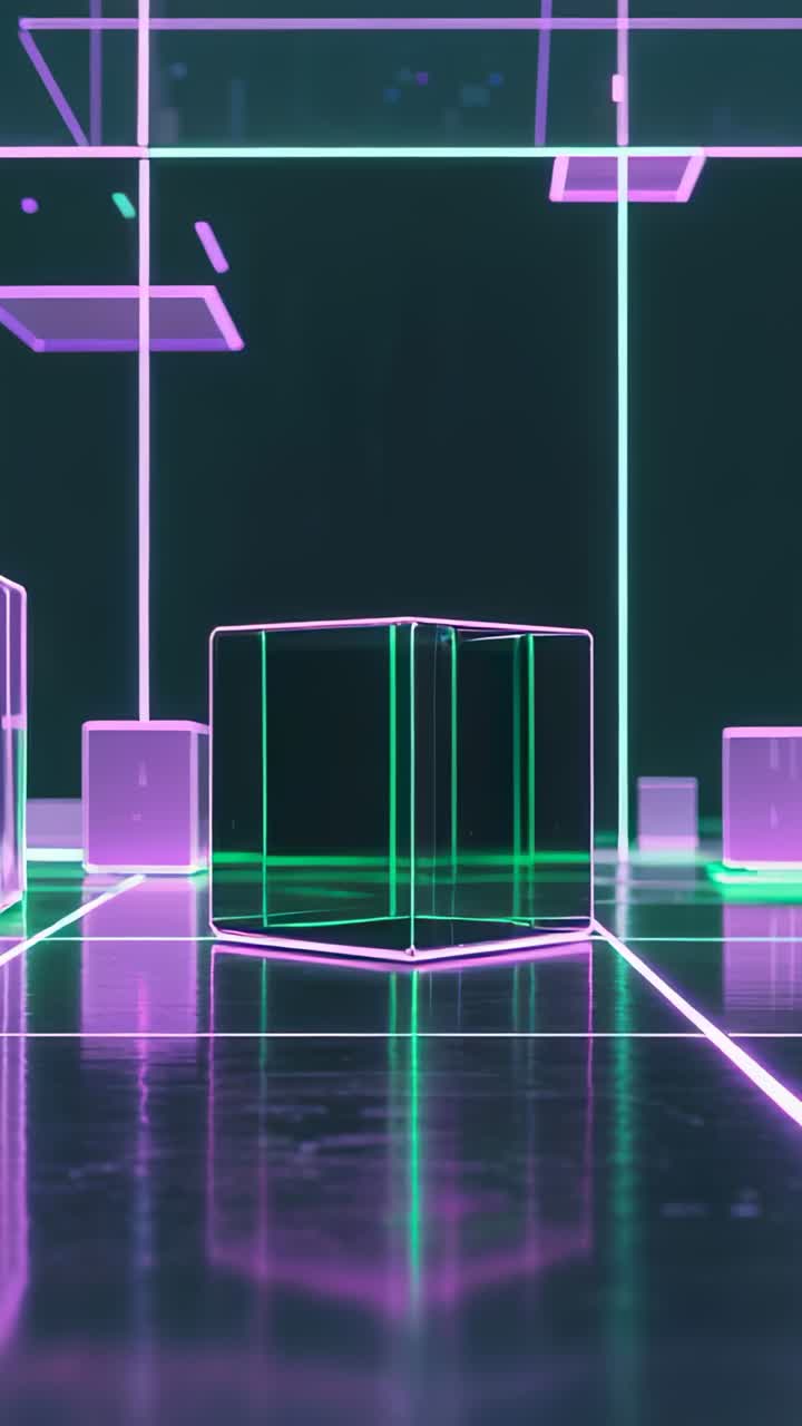 Video verticale: cubo neon trasparente che rimane fisso in una stanza 3D su un pavimento a griglia, pilastri e pannelli