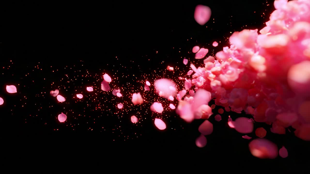 A mesmerizing display of vibrant pink petals swirling through a dark background, creating a captivating scene filled with sparkling particles and a sense of ethereal beauty and movement