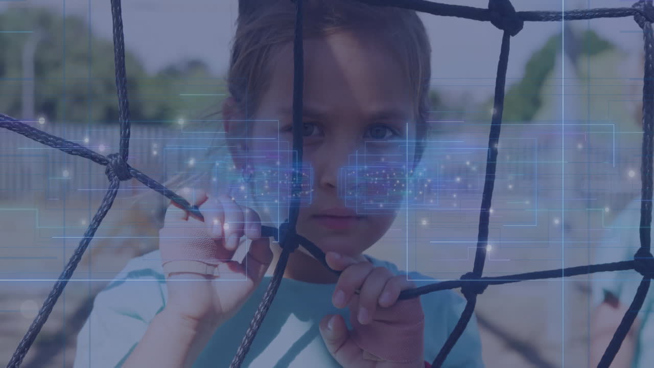 Young girl holding net with digital data processing animation overlay