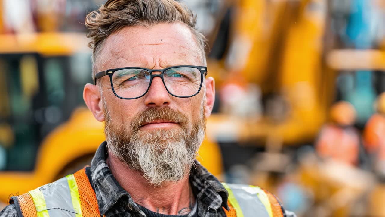 A Steadfast Construction Worker Exudes Confidence and Experience Amidst Heavy Equipment on Site, Capturing the Essence of Hard Work and Dedication