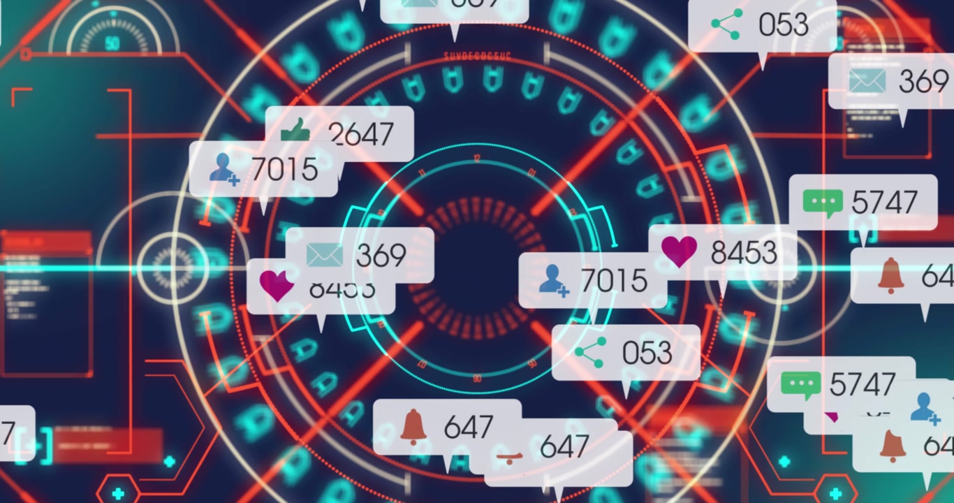 Animation of social media icons with numbers on white banners over black background