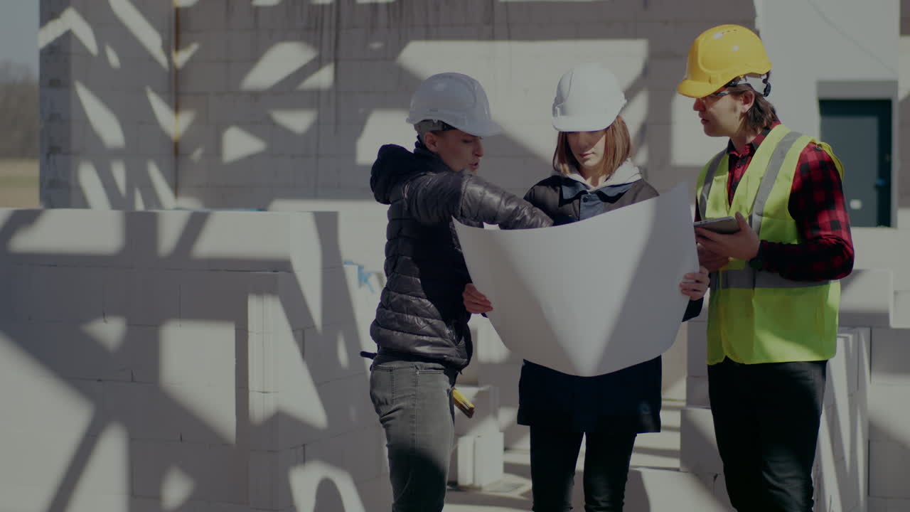 Confident female engineer walking towards architect and contractor discussing over blueprint together at construction site